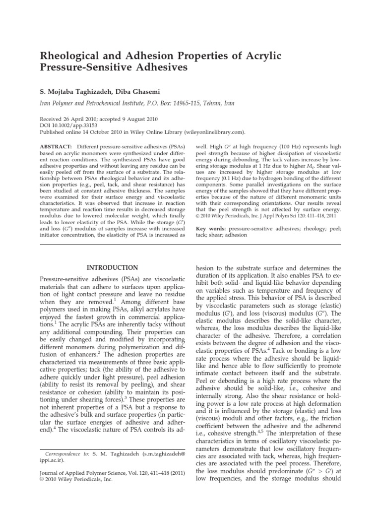 Rheological and Adhesion Properties of Acrylic PressureSensitive