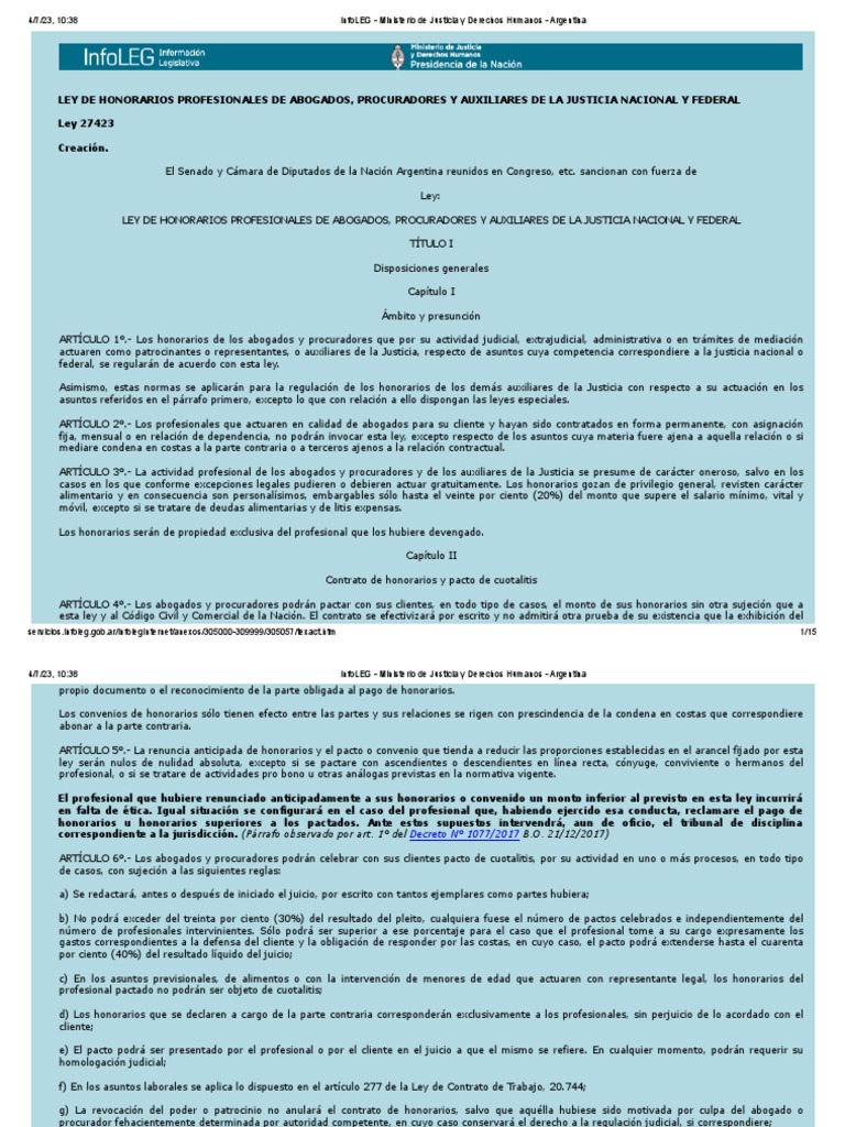 Ley de Honorarios Profesionales de Los Abogados | PDF