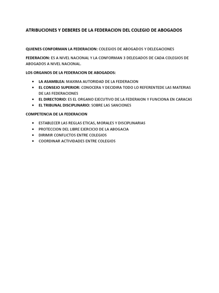 Atribuciones y Deberes de La Federacion Del Colegio de Abogados PDF
