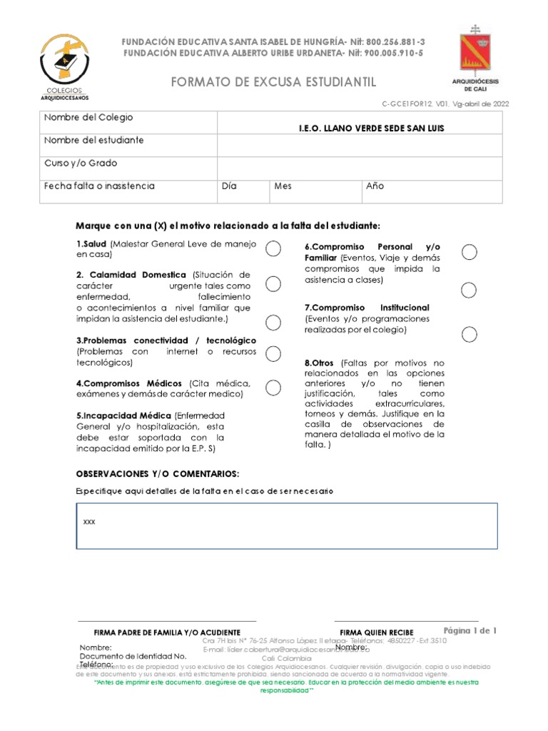 EXCUSA ESTUDIANTIL (2) | PDF