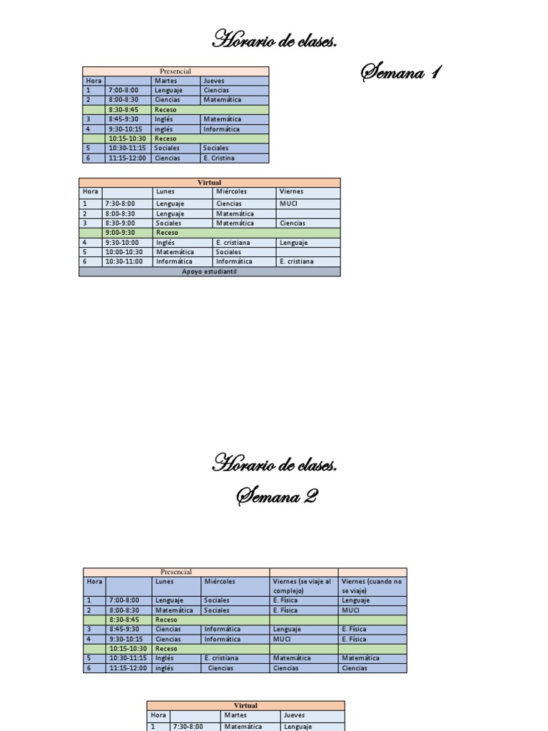 Horario de Clases Semanas 1 y 2 | PDF | Estudios de idiomas extranjeros