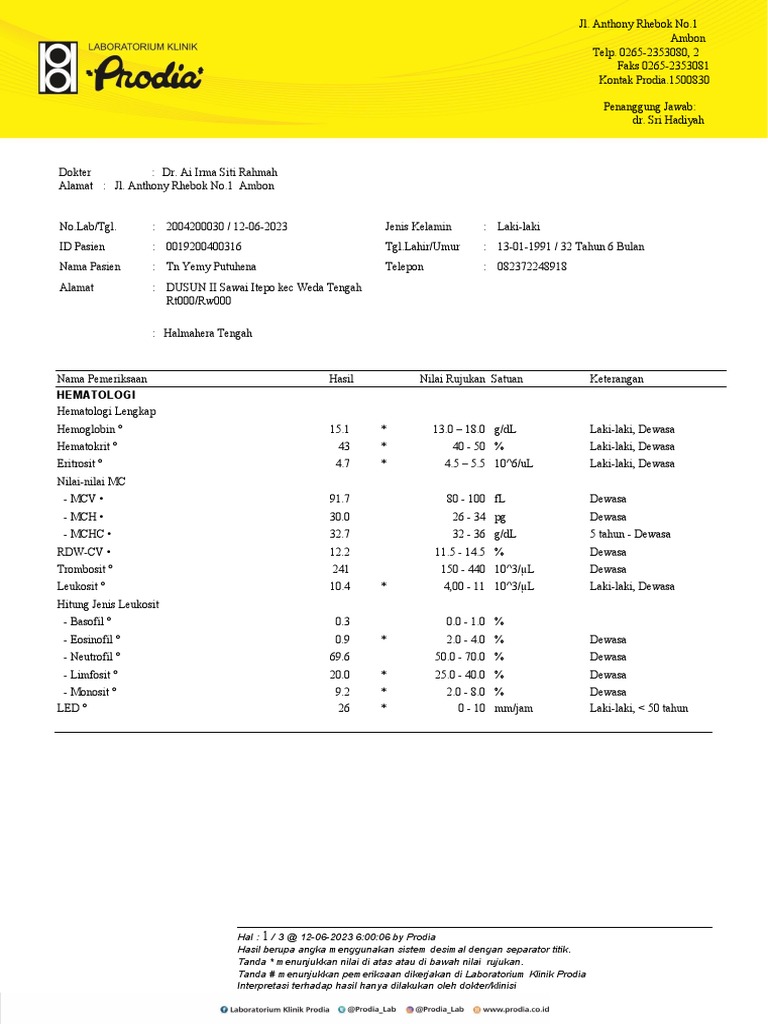 Hasil Tes Darah dan Urine Prodia | PDF