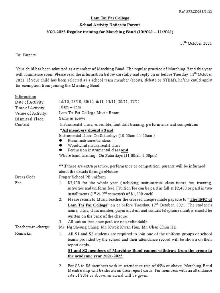 Marching Band Practice Notice 2021-2022 | PDF