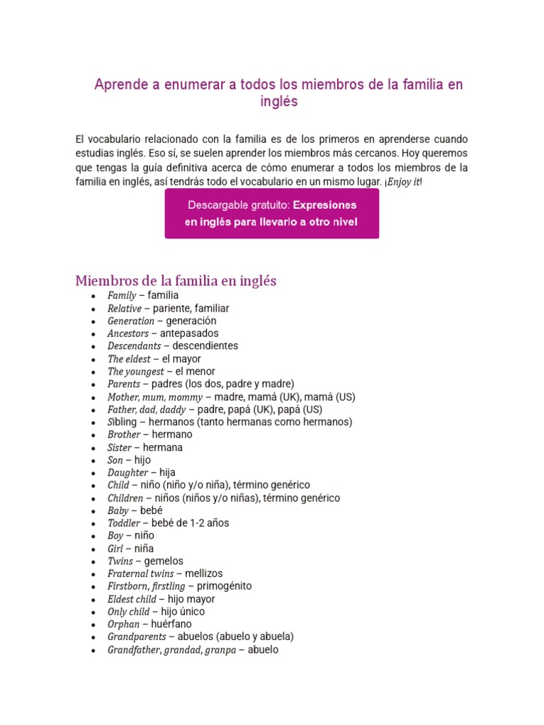 Vocabulario Familiar en Inglés | PDF | Idiomas del Reino Unido