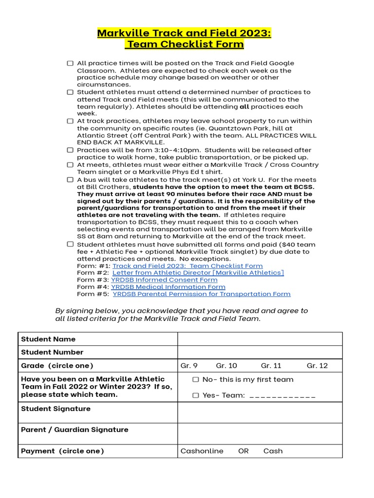 Track and Field 2023 - Team Checklist Form | PDF