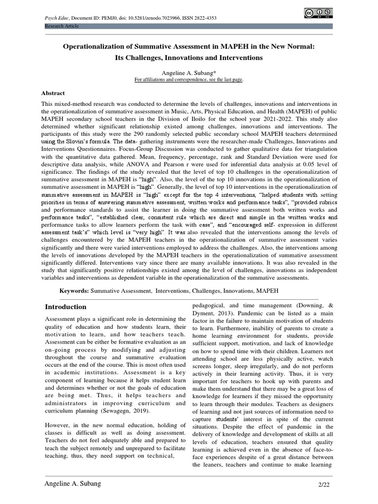 Operationalization of Summative Assessment in MAPEH in the New Normal ...