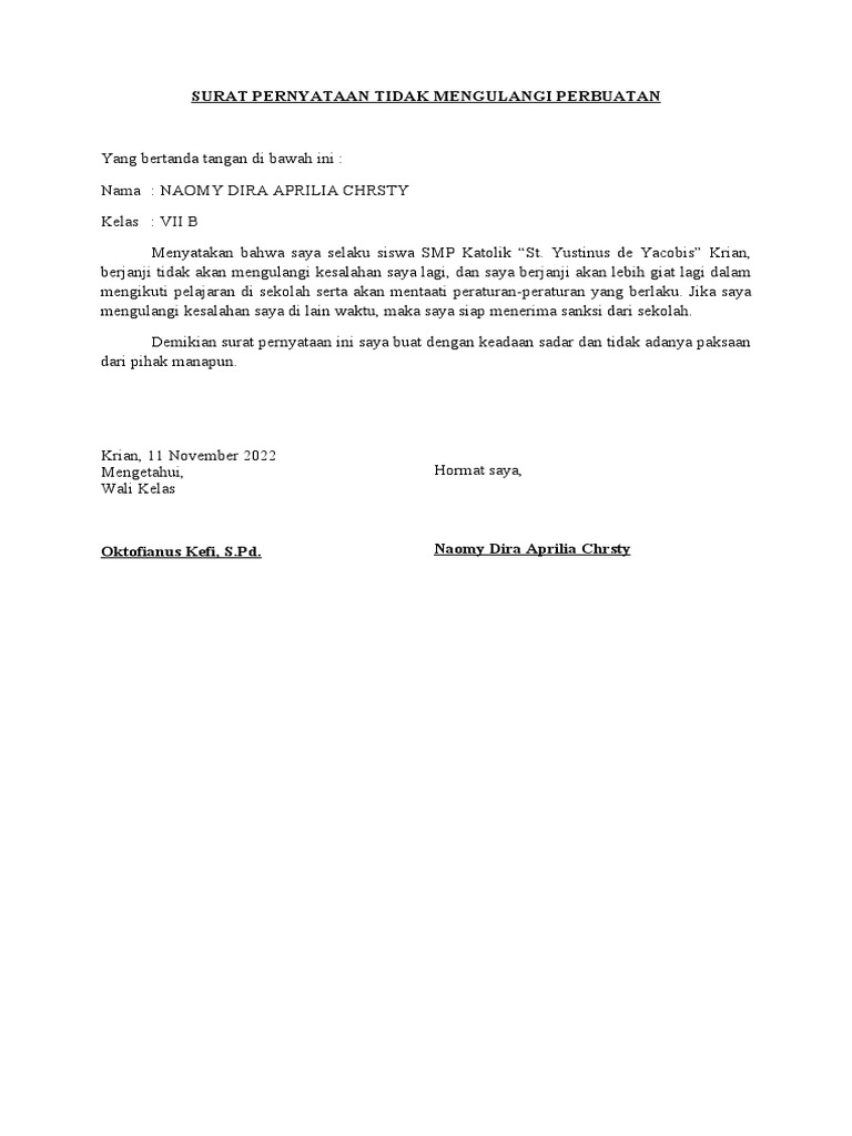 Surat Pernyataan Tidak Mengulangi Perbuatan | PDF