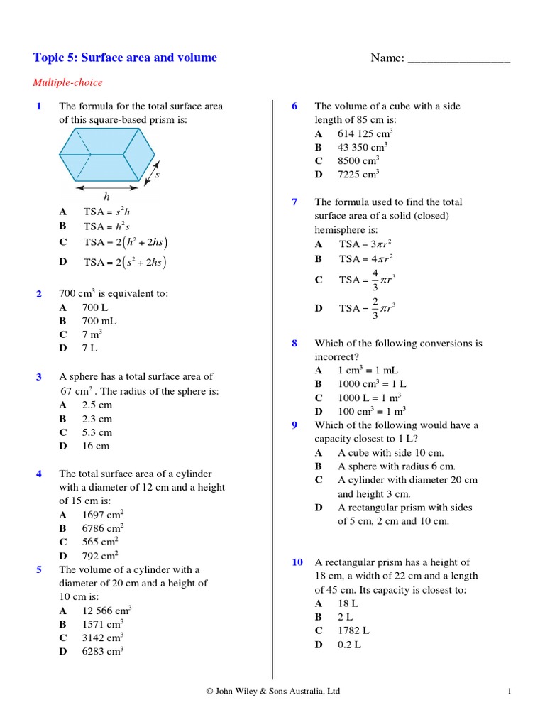 Surface Area & Volume Worksheet PDF