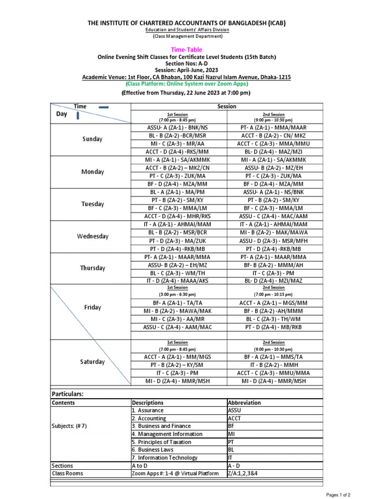 (Set8), Time Table for CL (15B)_JuneAug2023) Classes PDF