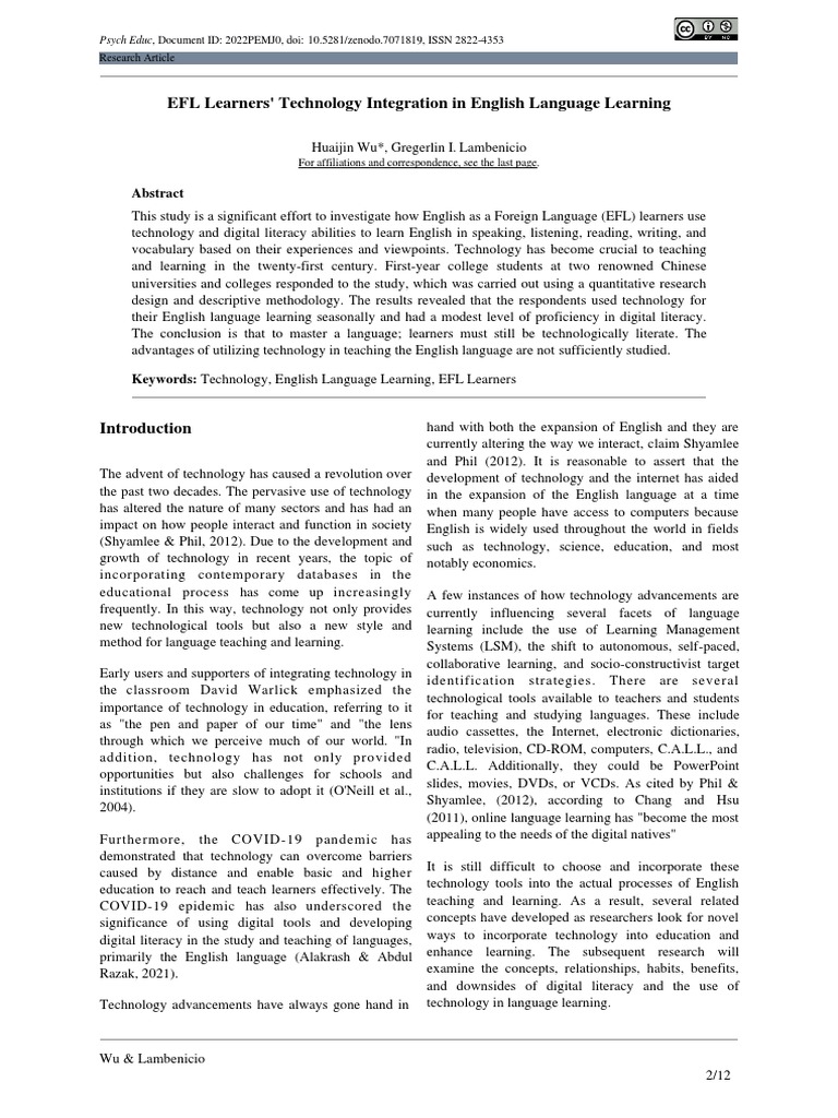 EFL Learners' Tech Integration in Learning | PDF | Learning | English ...
