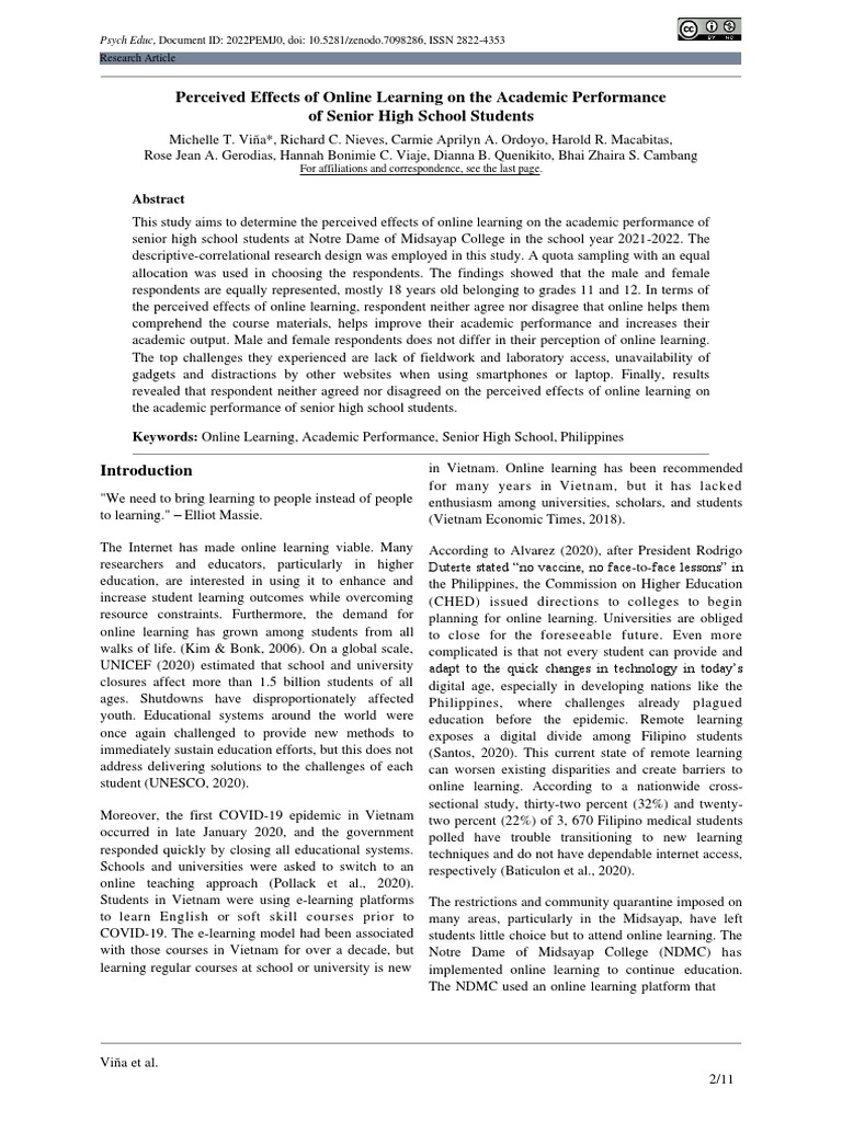 Effects of Online Learning on SHS Performance | PDF | Educational ...
