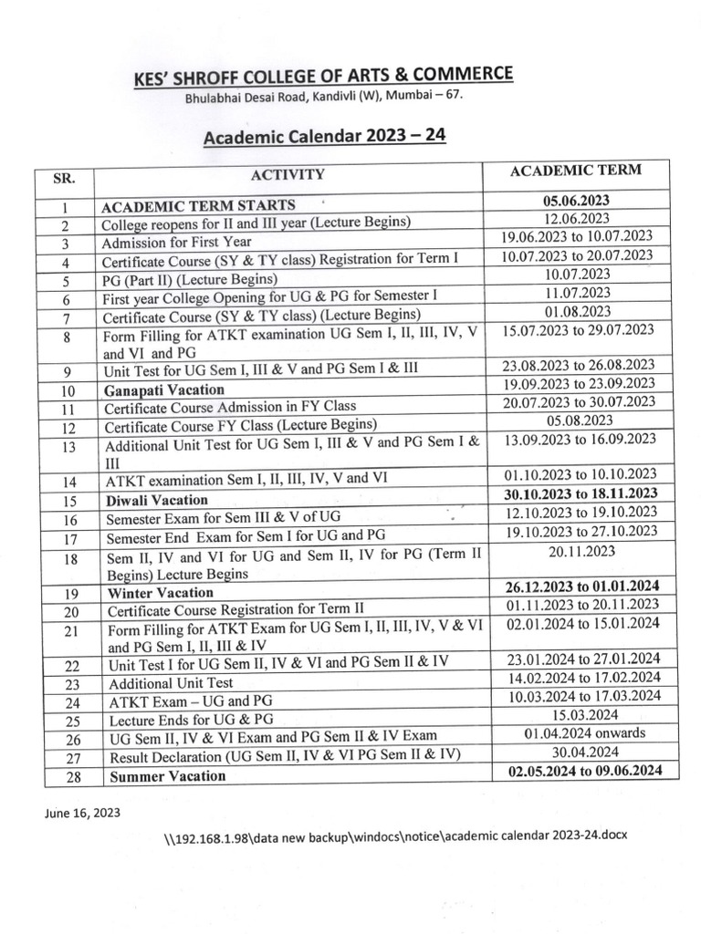 Academic Calendar 2023 24 | PDF