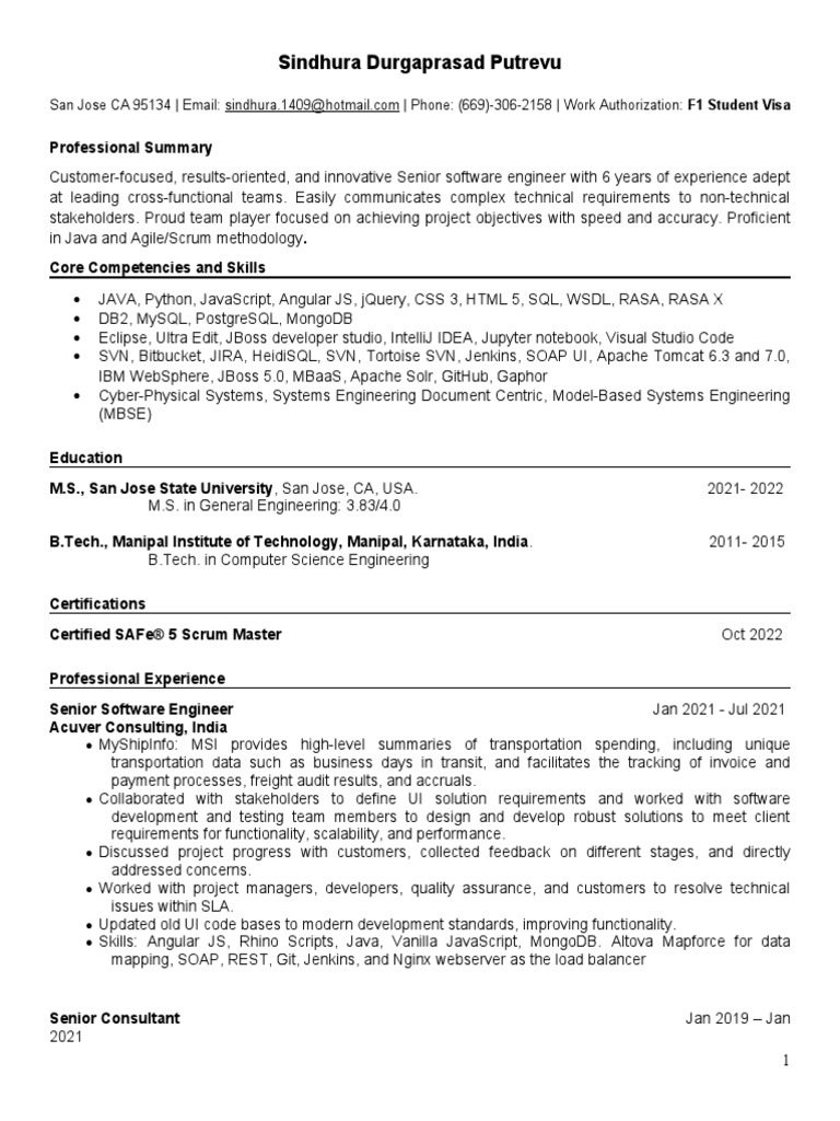 Sindhura Durgaprasad Putrevu Resume | PDF | Java Script | Agile ...