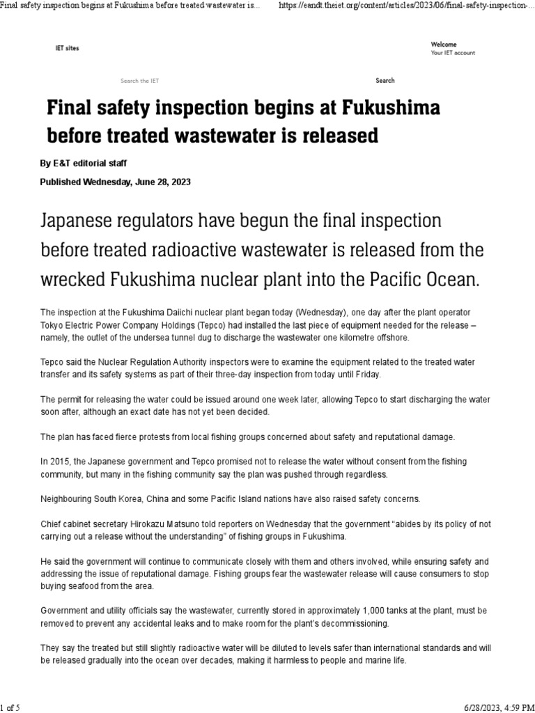 Final Safety Inspection Begins at Fukushima Before Treated Wastewater ...
