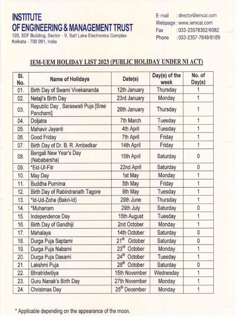 IEM UEM Holiday List 2023 1 PDF