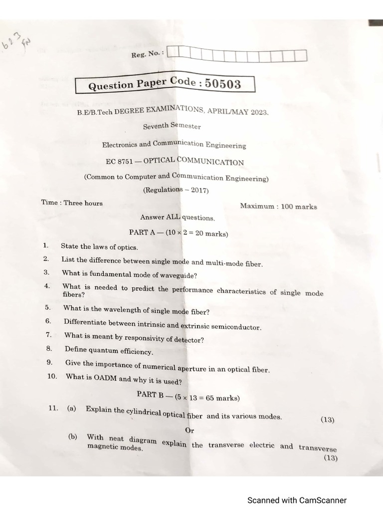 optical communication question paper | PDF