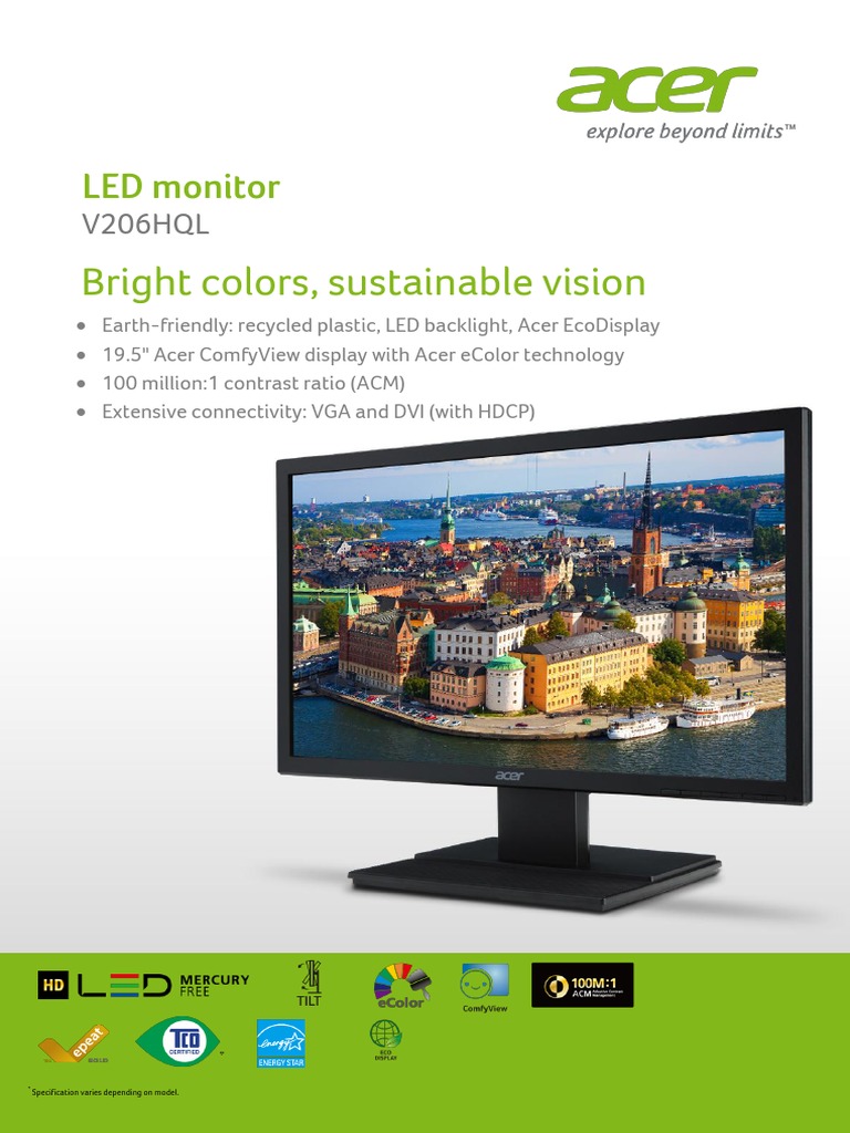 Acer LED Monitor Data Sheet | PDF