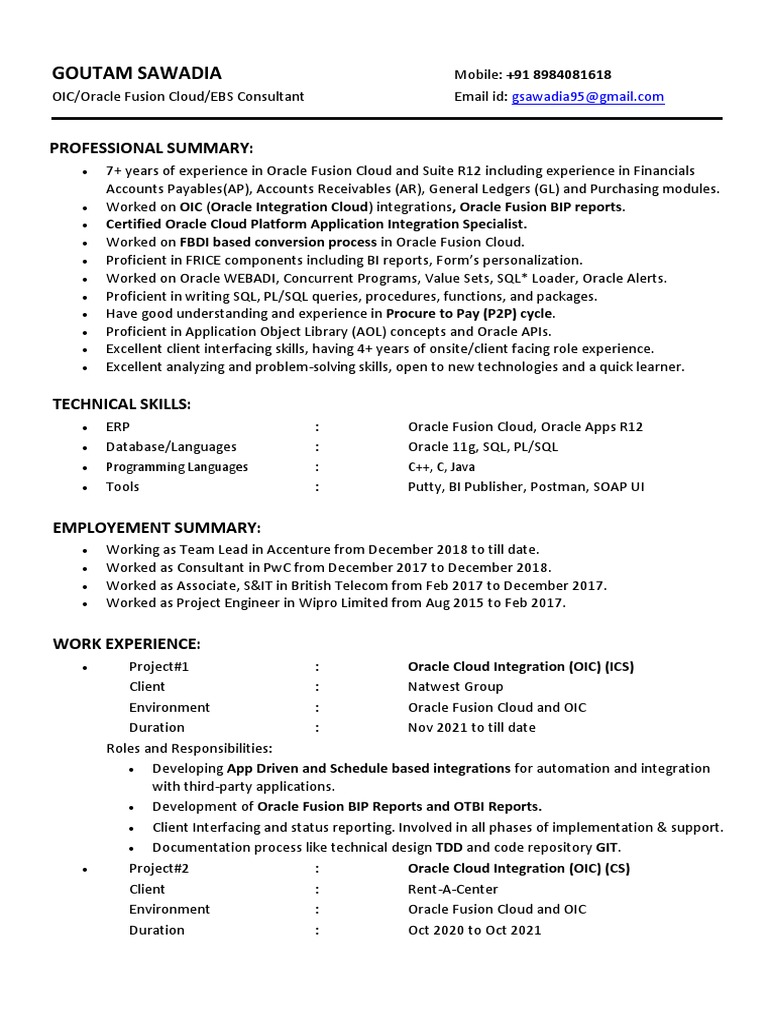 Oracle Fusion Cloud Consultant Resume | PDF