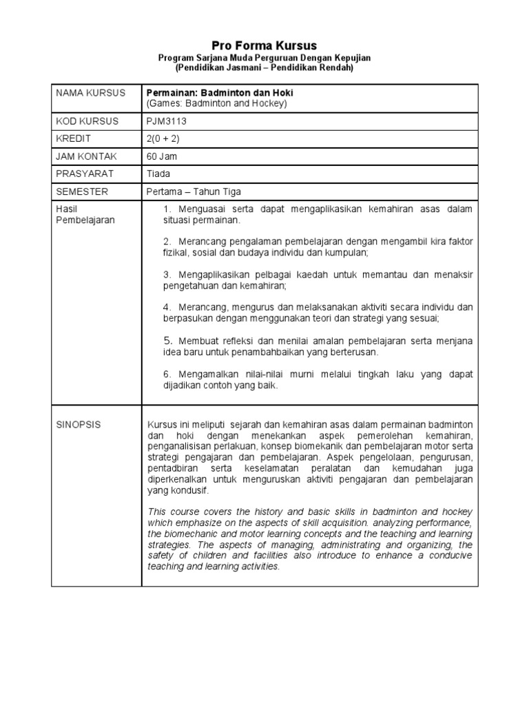 Pjm3113 Permainan Badminton Dan Hoki Pdf