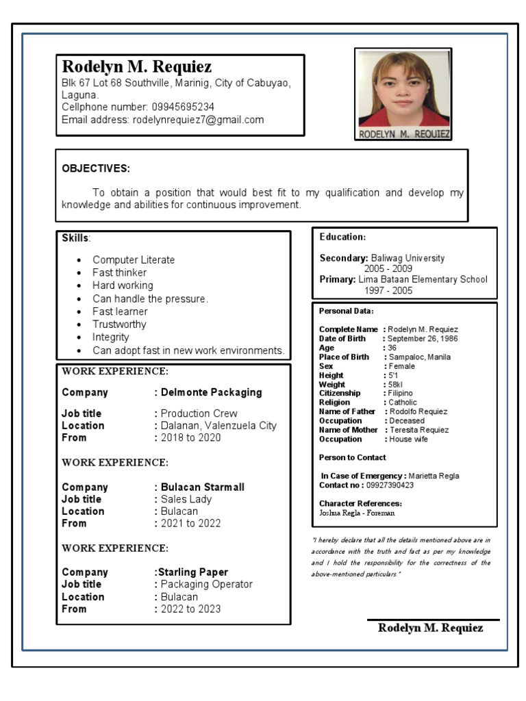 Rodelyn Requiez: Work Experience Summary | PDF