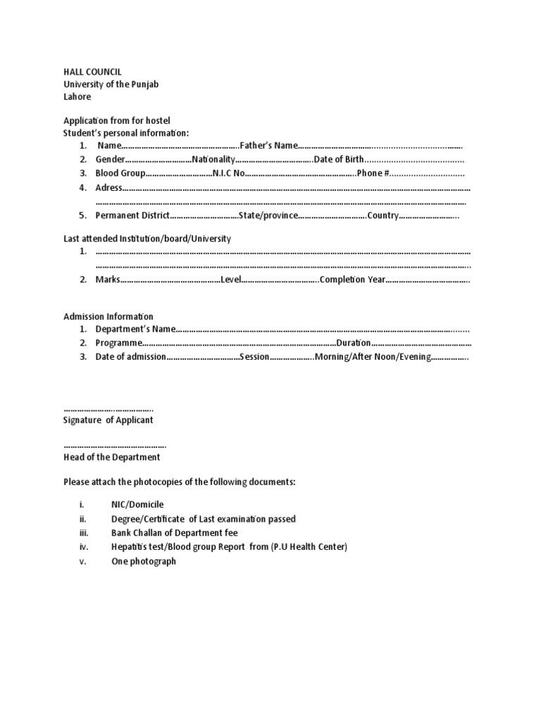 Hostel Admission Application Form Template | PDF