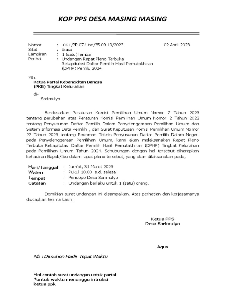 contoh undangan pps desa rapat pleno | PDF