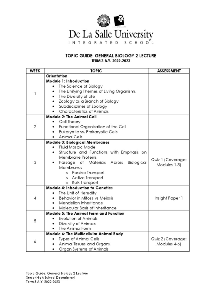 GENBIO 2 Lec Topic Guide T3 22-23 | PDF | Cell (Biology) | Cell Membrane