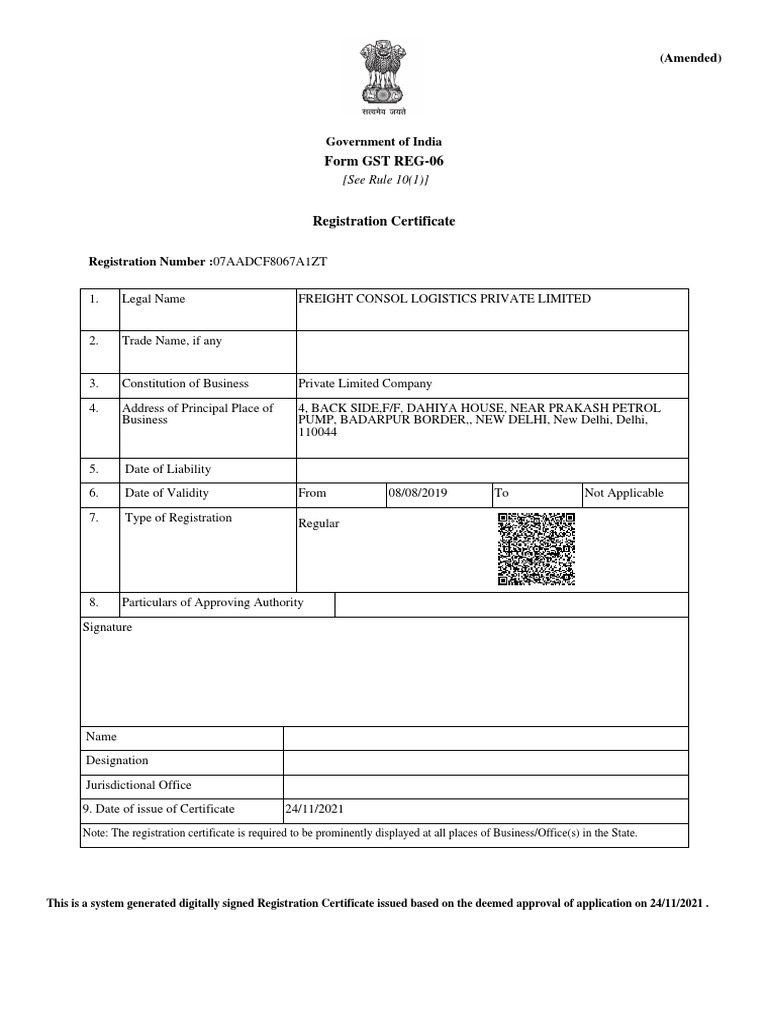 GST Registration Certificate for Freight Consol Logistics | PDF ...