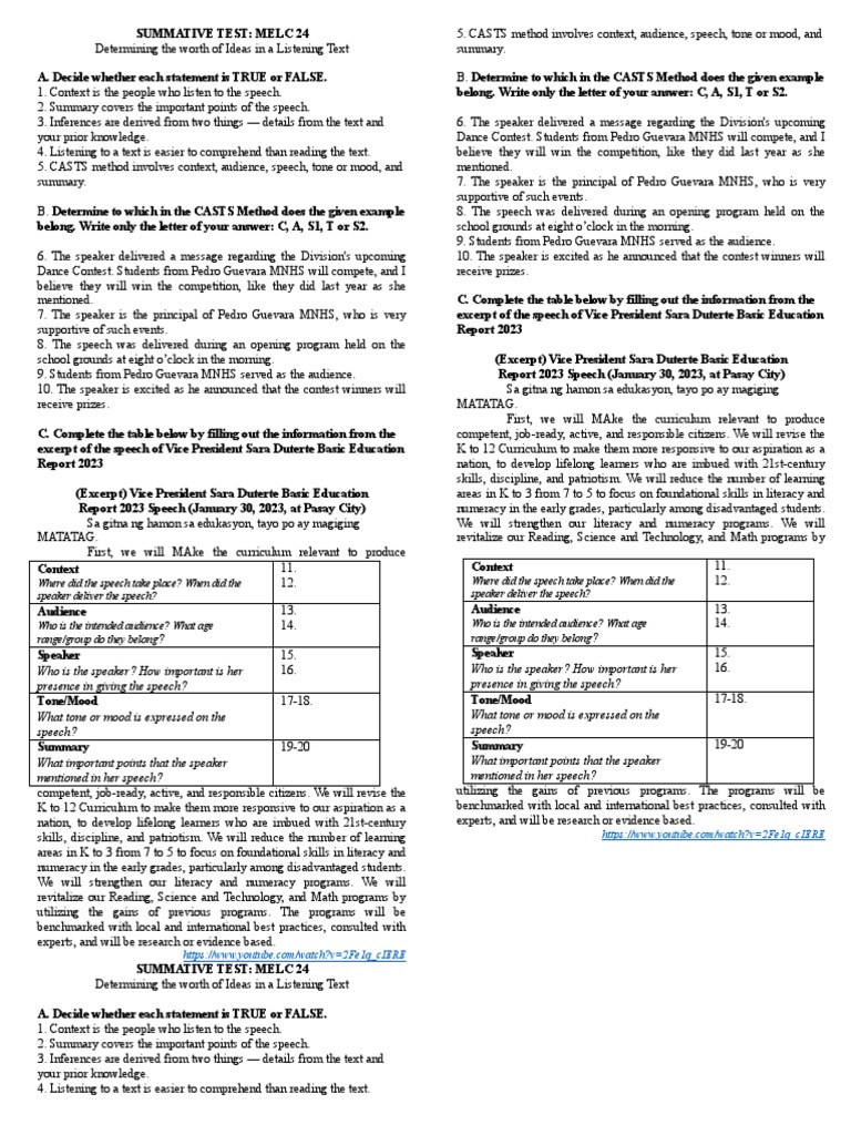Melc 24Summative Test PDF Curriculum Literacy