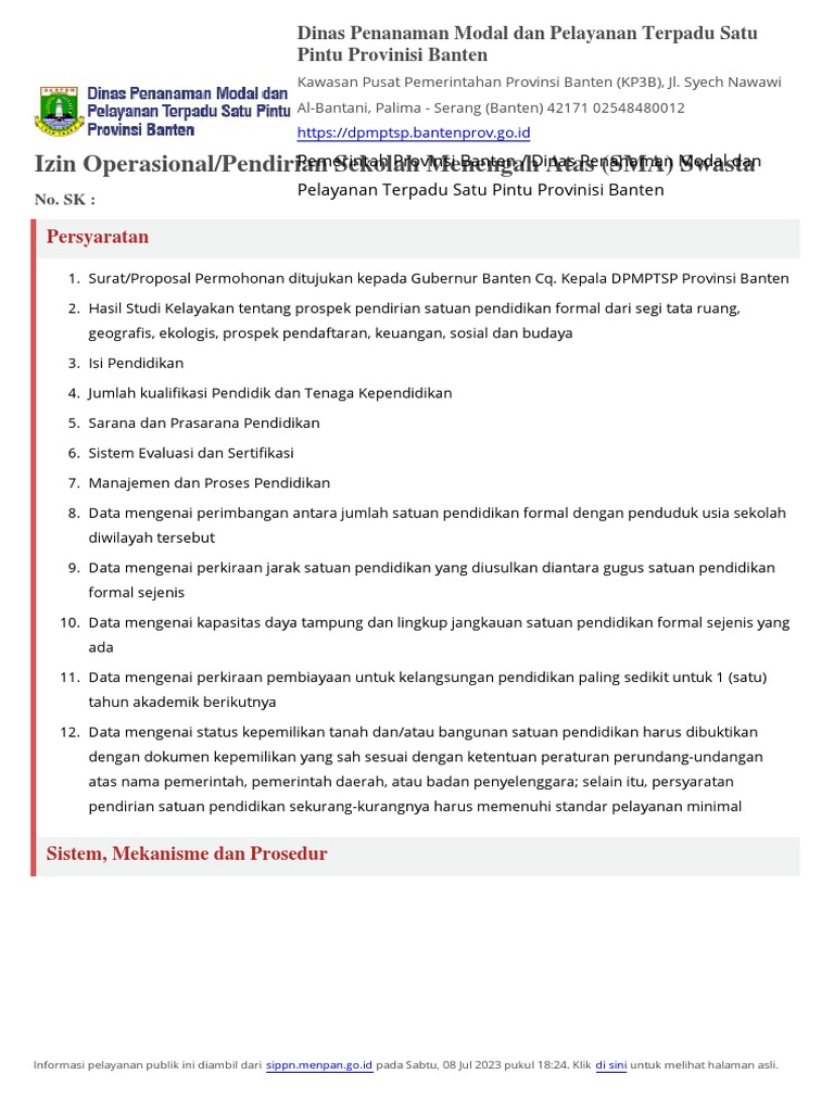 Standar Pelayanan Izin Operasional Pendirian Sekolah Menengah Atas