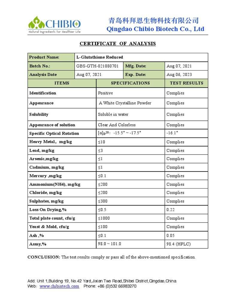 1-COA of L-GLUTATHIONE REDUCED-CHIBIO-2021 | PDF
