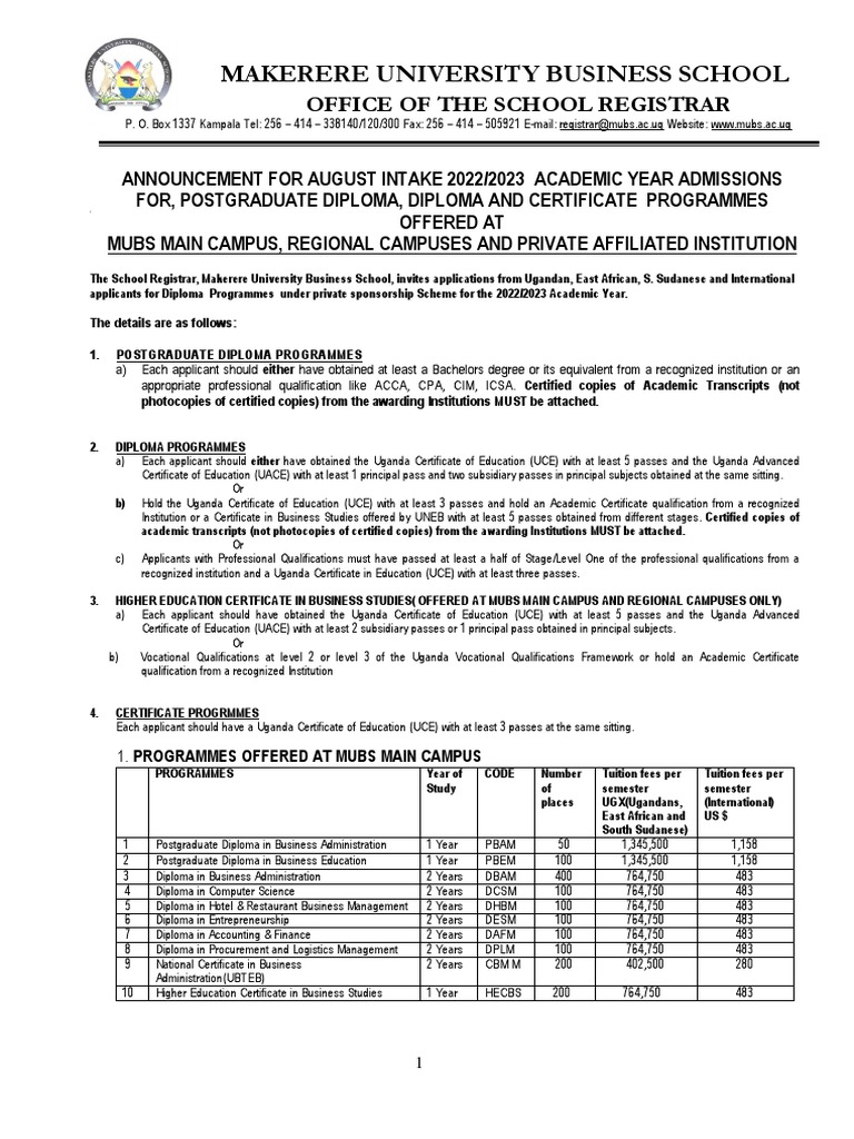 MUBS 2023/2024 Diploma Fees Structure | PDF | Diploma | Academic ...