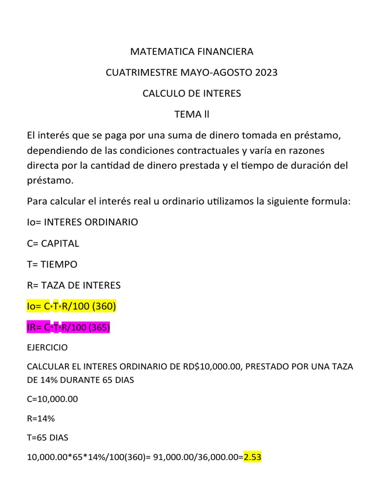 Matematica Financiera Tema Dos Interes | PDF | Finanzas y dinero | Derecho