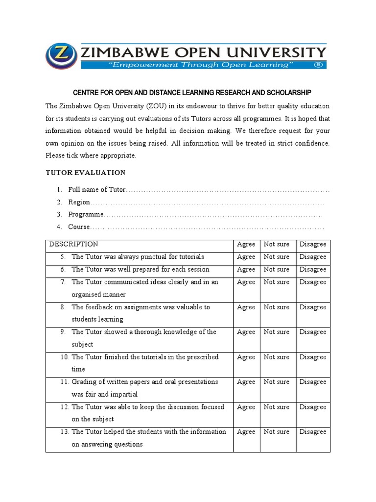 Tutorial Evaluation Form Pdf