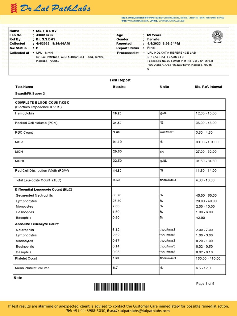 69-Year-Old Female Blood Test Report | PDF | Glycated Hemoglobin | Low ...