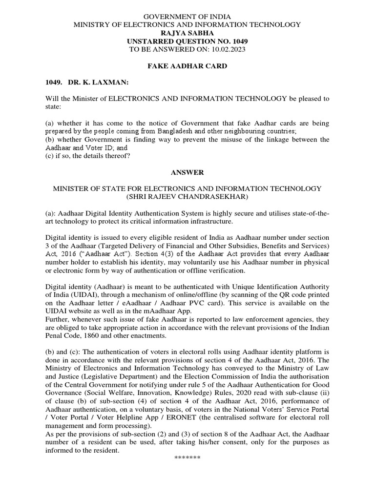 Addressing Fake Aadhaar Card Issues | PDF | Government Of India ...