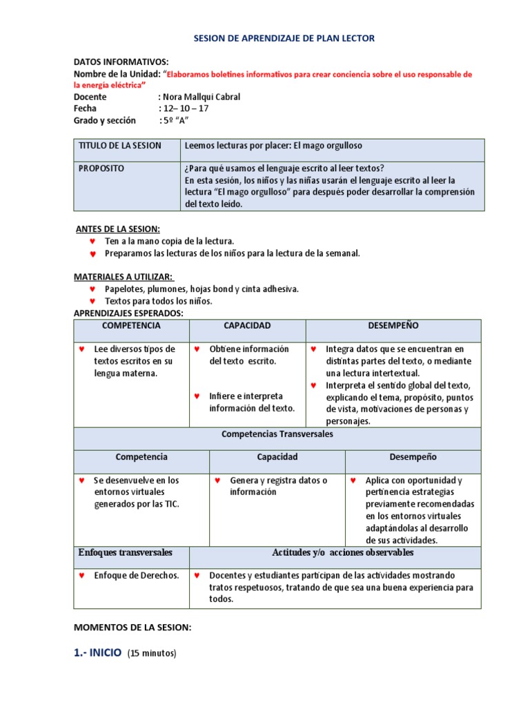 Sesion de Aprendizaje de Plan Lector | PDF