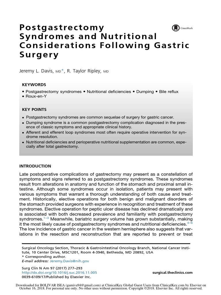 Postgastrectomy Syndromes and Nutritional Considerations Following