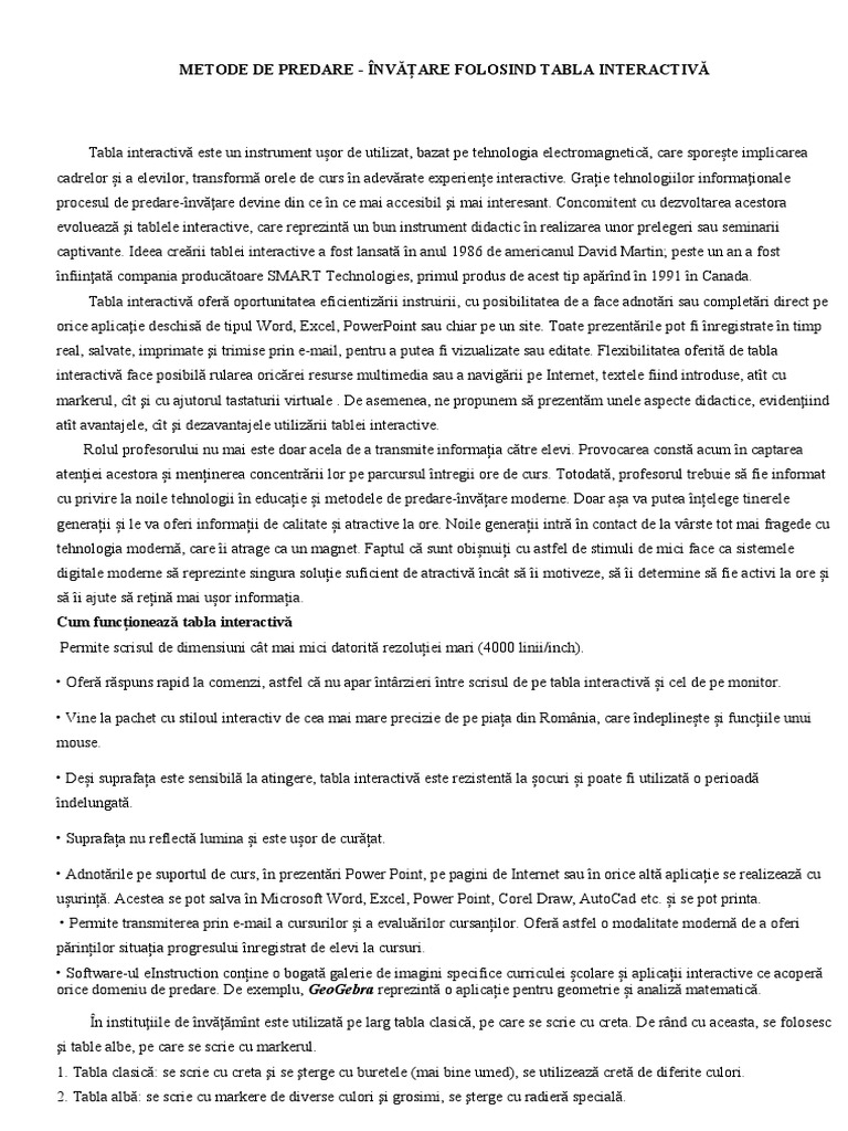 Metode de Predare - Învățare Folosind Tabla Interactivă | PDF