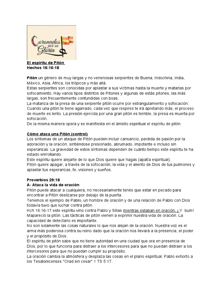 El Espíritu de Pitón PDF Oración Serpiente