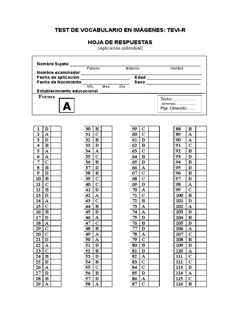 Test de Vocabulario en Imágenes Tevi-R | PDF