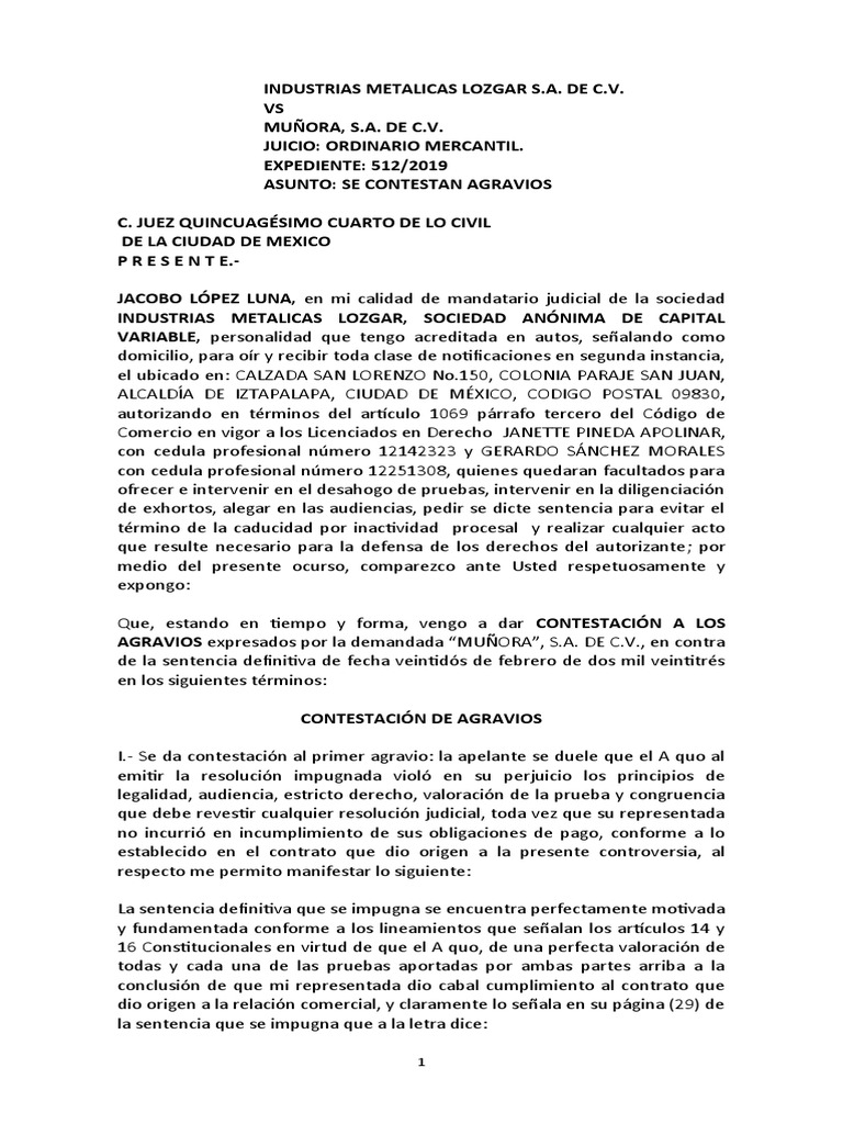Contestación de Agravios en Juicio Mercantil | PDF | Finanzas y dinero ...