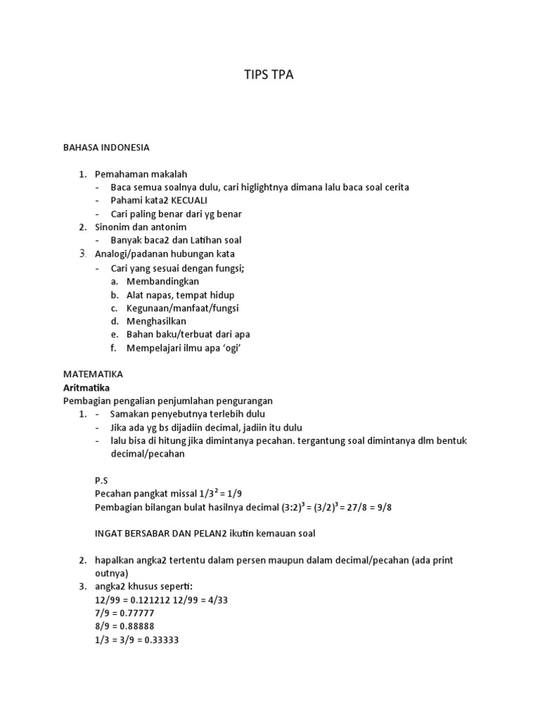 Tips TPA: Strategi Sukses Ujian | PDF | Seni & Disiplin Bahasa | Kajian ...