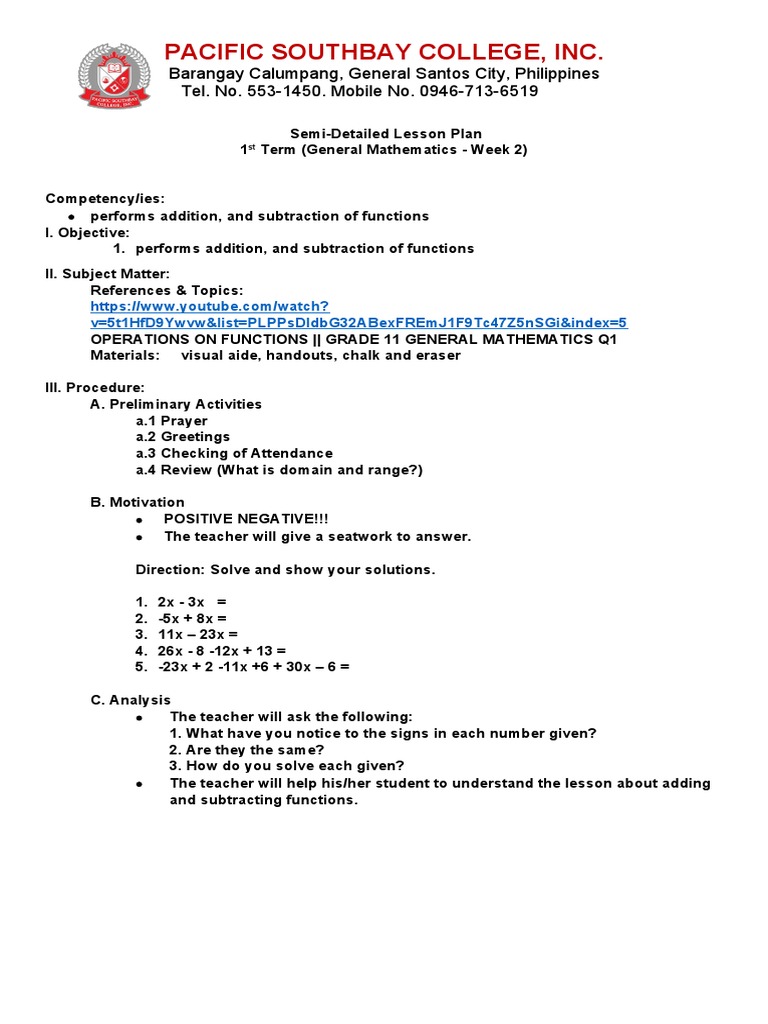 Lesson Plan: Adding Functions in Math | PDF | Function (Mathematics ...