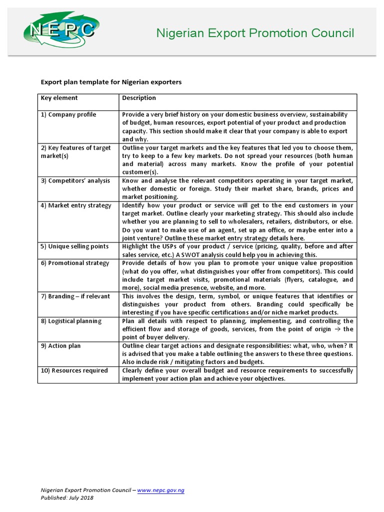 Export Plan Template for Nigeria | PDF | Market (Economics) | Brand