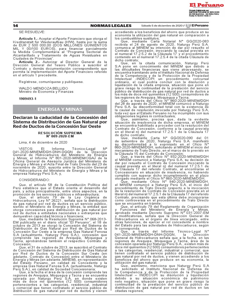 Resolucion Suprema #009-2020-EM (Caducidad de La Concesion) | PDF