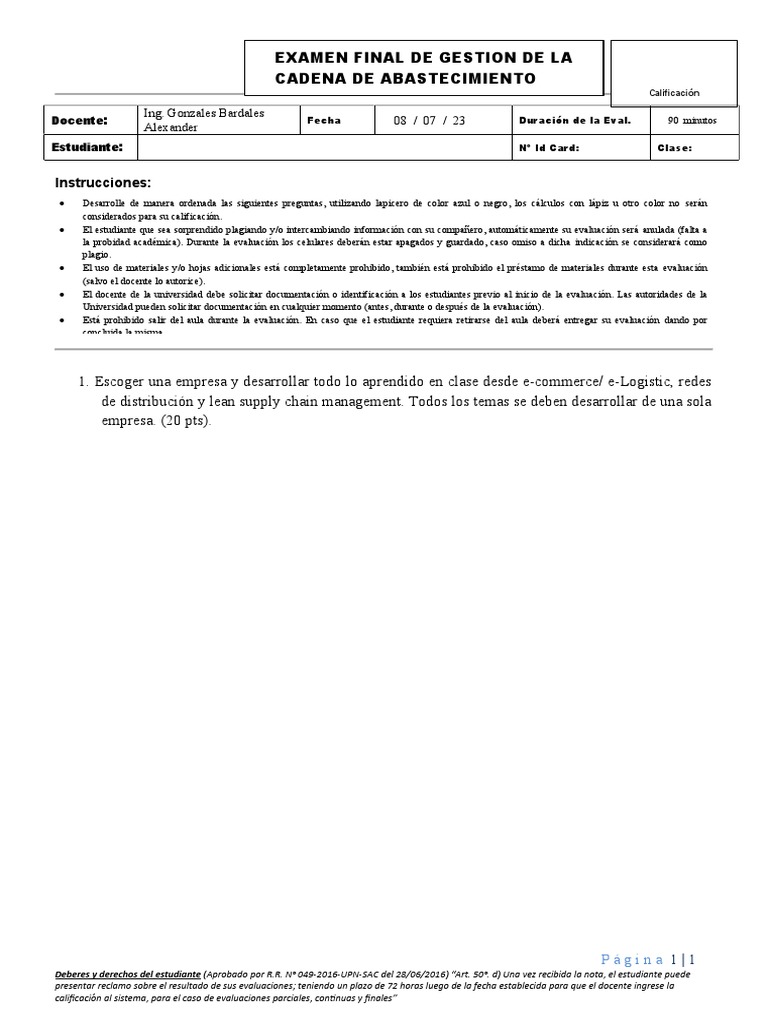 Examen Final de Gestión de La Cadena de Abastecimiento 2023 | PDF