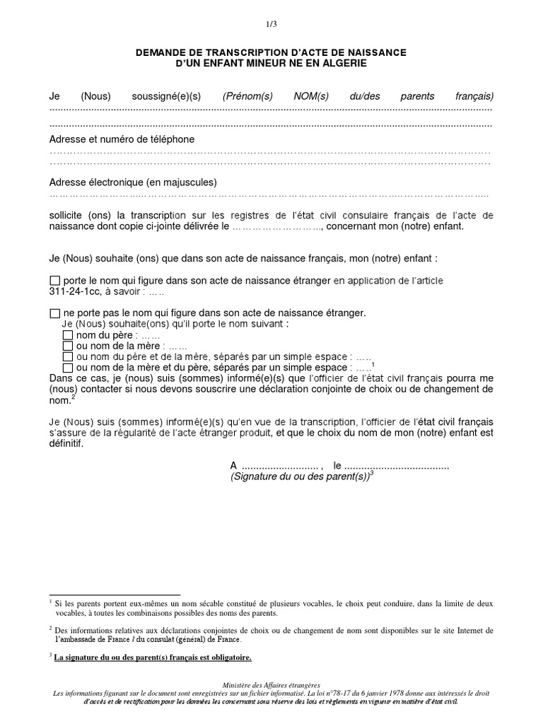 Demande de transcription acte de naissance | PDF | Certificat de naissance