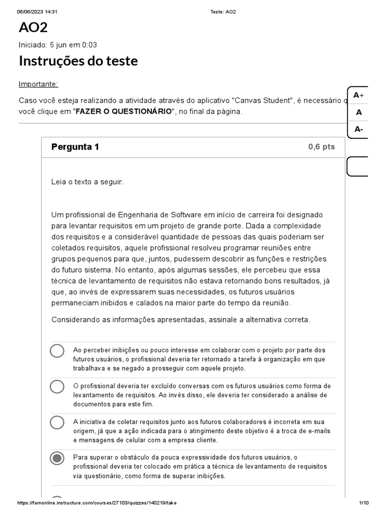 Teste - AO2 - ENGENHARIA DE SOFTWARE | PDF