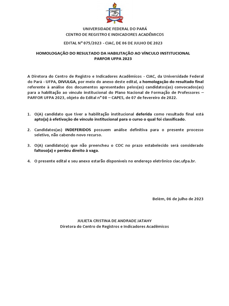 Edital 075 2023 homologa o do resultado da 1 chamada do plano nacional